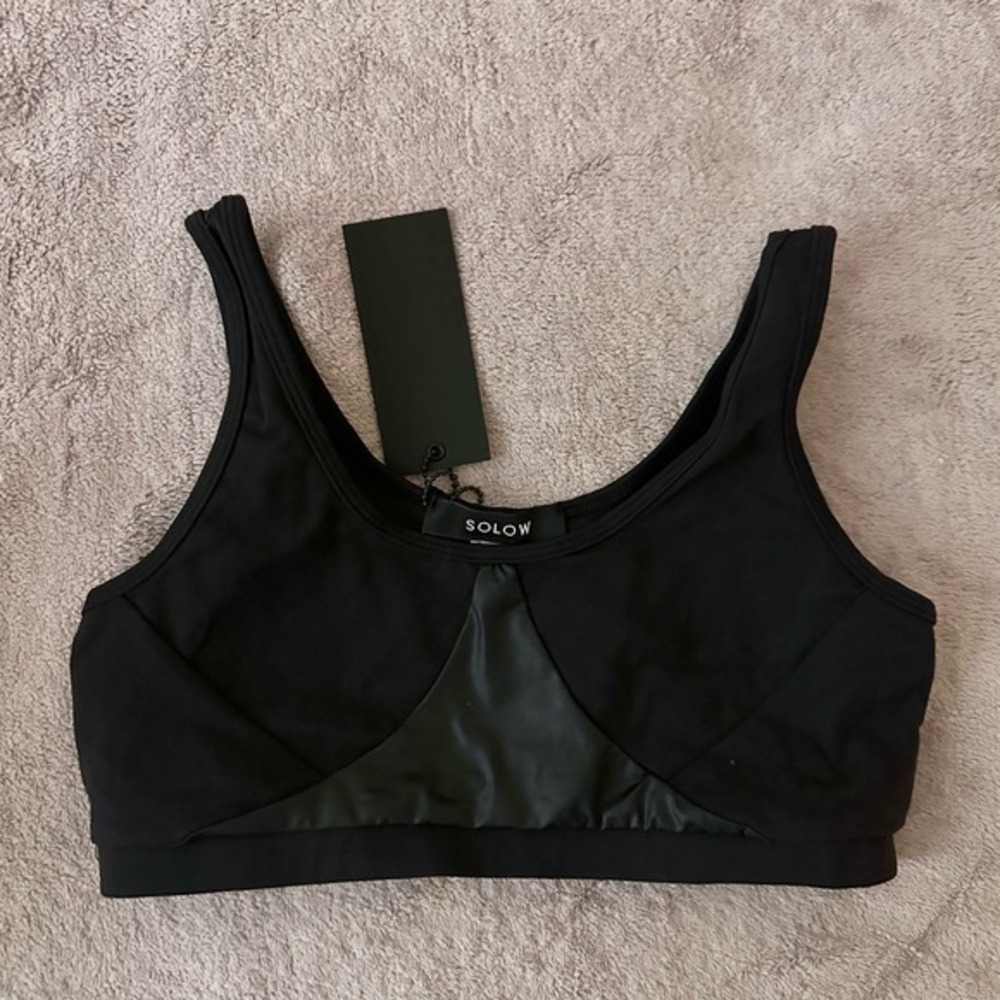 Solow Sports Bra With Contrast Black Size Medium NWT Mesh Bra Vegan Leather